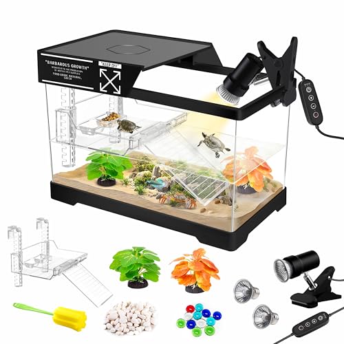 GOZILLA Mini Aquatic Turtle Tank Kit with Adjustable Lamp,PC Turtle Tank Starter Kit,Small Hermit Crab Tanks with Lid, Hanging Platform for Baby Turtles,Crabs,Fish.(11.8×7.24×7.1''/Black Kit) - color: Mini-Black01