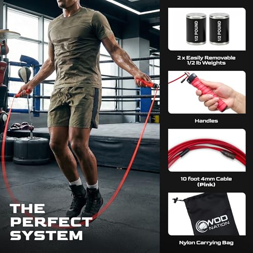 WOD Nation Weight Jump Rope for Men & Women, 1LB Adjustable Heavy Speed Rope with Removable Handle Weights, Dual Cables for Cross Training, Cardio, Home Workouts Adult Fitness Jump Rope - color: Red