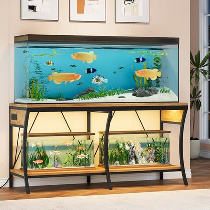 55-90 Gallon Fish Tank Stand, Metal Aquarium Stand, Power Outlets - color: Light Brown and Black