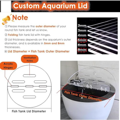 Cat Proof Acrylic Lid for Round Aquarium - Cuttable Fish Tank Cover with Hinges, Anti-Jump Terrarium Hood, Folding Flip-Top Design, Perfect for Pets