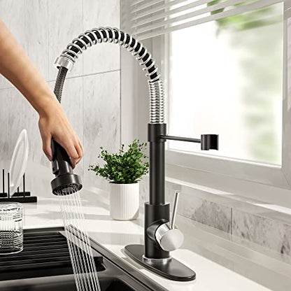 Black Nickel Kitchen Faucet with Pull Down Sprayer, Stainless Steel Spring Commercial Kitchen Sink Faucet with 10-Inch Deck,1 or 3 Hole Installation for Farmhouse, RV Camper, Laundry & Utility Sink