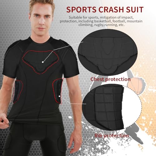 TUOY New Football Rib Chest Protector Shirt Padded Compression Shirts 6 Pads Adult Sizes Dark Black - color: A Black, size: XX-Large