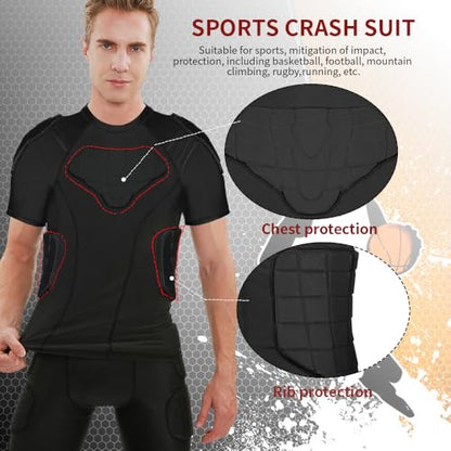 TUOY New Football Rib Chest Protector Shirt Padded Compression Shirts 6 Pads Adult Sizes Dark Black - color: A Black, size: XX-Large