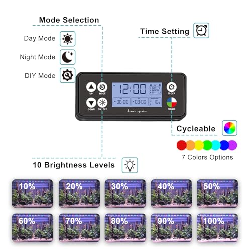 24/7 LED Aquarium Light, IP68 Waterproof Extendable Bracket Fish Tank Light with Timer, 7 Colors, 10 Level Adjustable Brightness, DIY Mode Full Spectrum Aquarium Plant Light for 48-54 Inch Fish Tank - size: 48"-54"