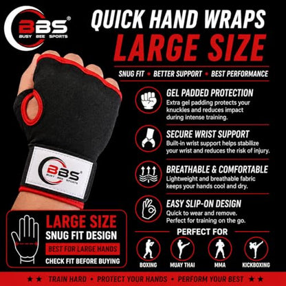 Busy Bee Sports Quick Hand Wraps for Boxing & MMA, Large Size (Snug Fit) – Gel Padded Inner Gloves with Wrist Support, Easy Slip-On Wraps for Men & Women, Breathable for Muay Thai & Kickboxing