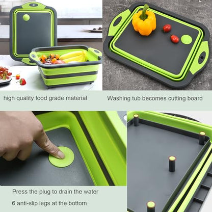 Camping Collapsible Cutting Board Dish Basin BBQ Prep Tub Camp Sink Dish Washing Station Multifunctional Storage Basket(Grey green) - color: Grey Green