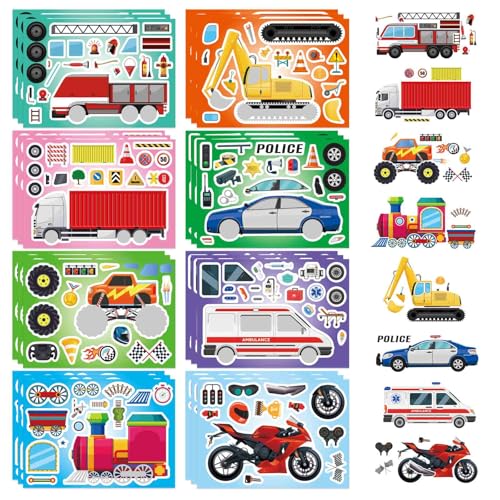 DUJAA 24 Sheets Vehicle Stickers for Kids, Make Your Own Police Car, Ambulance, Truck, Train, Motorcycles Engineering Vehicle Stickers for Toddlers, Brithday Party Supplies Classroom Teacher Reward - style: Vehicle