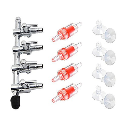 Aquarium Air Pump Splitter 13 in 1 Set 4-Way Air Flow Control Lever Valve & 4 Non-Return Check Valves & 8 Suction Cups for Fish Tank Airline Air Tube Hose