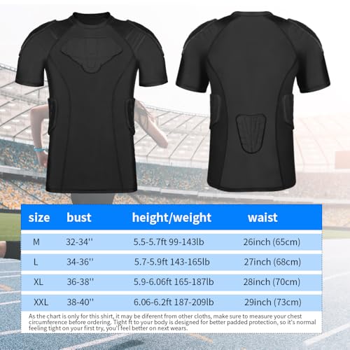 TUOY New Football Rib Chest Protector Shirt Padded Compression Shirts 6 Pads Adult Sizes Dark Black - color: A Black, size: Large