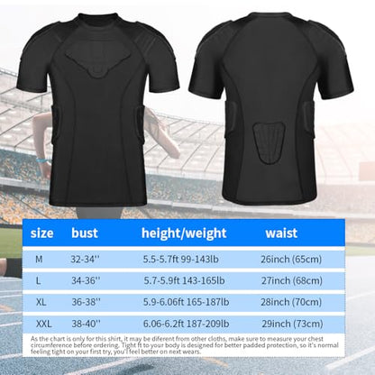 TUOY New Football Rib Chest Protector Shirt Padded Compression Shirts 6 Pads Adult Sizes Dark Black - color: A Black, size: XX-Large