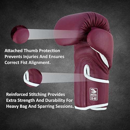Ring Pro Leather Boxing Gloves with Strap – Premium for Training, Sparring, MMA, Kickboxing, Muay Thai (Unisex) - color: Maroon, size: 12 oz