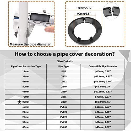 4Pcs PP Plastic Flange Pipe Cover - Black Escutcheon Collar for 3.5" Radiator Pipe Decoration - size: 3.5inches pipe Dia