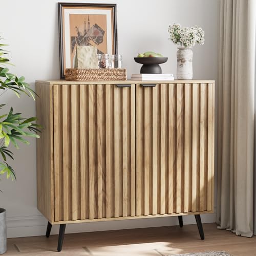 Buffet Cabinet with Storage, Sideboard Cabinet with Fluted Doors and Metal Legs, Storage Cabinet with Adjustable Shelf, Accent Table for Living Room, Kitchen, Entryway - Natural - color: Natural, size: 31.5"W