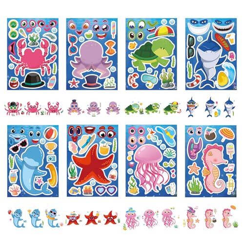 24 Sheets Ocean Stickers for Kids, Make Your Own Sea Animal Mix and Match Sticker Sheets, Make a Face Stickers for Kids Activities Supplies Crafts - style: Ocean Animal Stickers