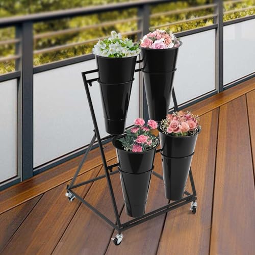 Flower Display Stand with 4 Buckets, 2 Layers, Cut Flowers Shelf Display Holder for Outdoor, Indoor, Patio, Garden, Living Room, Florist, Black - style: 2 Layers 4 Buckets Black