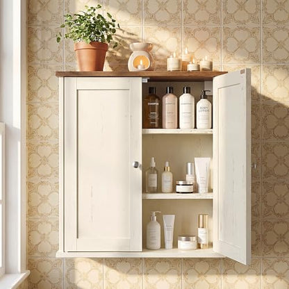 VASAGLE Siren Collection - Bathroom Wall Cabinet, Hanging Bathroom Storage Cabinet, for Medicines, Farmhouse, 2 Adjustable Shelves, 7.9 x 22 x 23.6 Inches, Rustic White and Honey Brown UBBK330WJ01S - color: Rustic White, style: 2Doors(22"W)