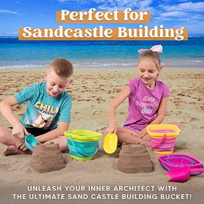 Sloosh 3 Packs Foldable Bucket - Collapsible Bucket with Sand Shovels and Mesh Backpack for Kids Toddlers Beach Toys, Easter Egg Hunt, Camping, Travelling and Fishing Water Pail (Pink/Purple/Green)