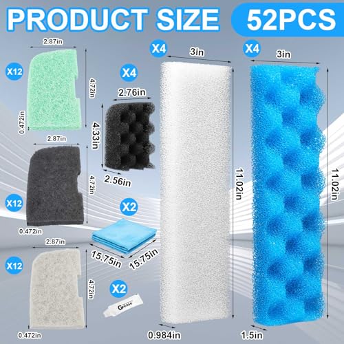 52 Pcs Replacement Filter Media Kit Compatible with Fluval 406/407 Aquarium Filters Include 12 Biological Foams Ammonia Remover Phosphate Pads Nitrite Remover, Towel and Grease - style: 406/407