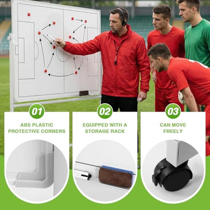 Double-Sided Soccer Coaching Board Height Adjustable Dry Erase Whiteboard with Wheels 360 Degree Reversible Soccer Tactics Board with Magnets Pen & Eraser for Teaching Training