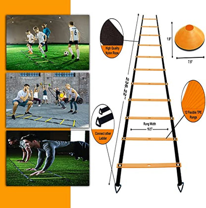 Agility Ladder Set 20ft, 4 Hurdles, 12 Soccer Cones, Jump Rope & Running Parachute - Speed Agility Training Equipment for Soccer Fitness Kids Youth Adults