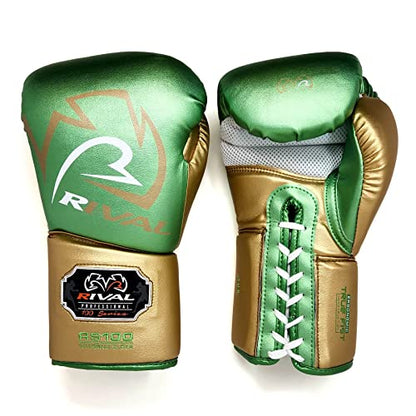 RIVAL Boxing RS100 Professional Lace-Up Sparring Gloves, Handcrafted with Super-Rich Microfiber PU, Ergonomically Designed to Perfectly Fit Your Hand - color: Green/Gold, size: 16 oz.