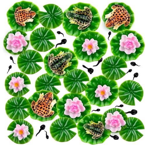 30 Pcs Mini Resin Pond Accessories Miniature Floating Lotus Water Lily Pads Tiny Frog Tadpole Figurines for Aquarium Fairy Garden Bonsai Pond Pool Home Outdoor Water Decor DIY Crafts