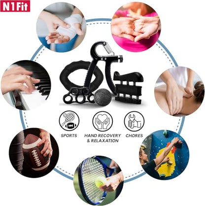 N1Fit Grip Strength Trainer Kit - 5 Pack Forearm Wrist Finger Grip Strengthener - Adjustable Resistance Hand Gripper Exerciser Strength Workout