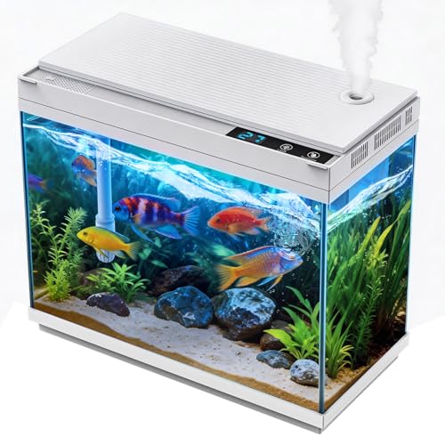 Smart Aquarium Fish Tank with Silent Water Pump, 2.4 Gallon Small Aquarium with Quick Start Kit, Temperature Display, Humidifier and RGB Lights, Perfect for Home, Office, and Decor, White - color: 2.4 Gallon-White
