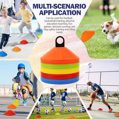 100Pcs Agility Disc Cones Set, 5 Colors Soccer Cones for Training Kids with Carry Bag and Stand, Slalom Cones for Basketball Football Running Drills Sports Games Skating