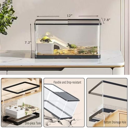 Upgraded 3 GAL Turtle Tank Kit(Tank+3.5W Filter+Light+Basking Platform),Fish Tank Starter Kit, Aquarium for Crabs,Fishes,Amphibians,Reptiles(12 * 7.7 * 7.2 Inch)