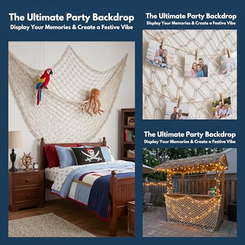 4 Pack Fish Net Decorative 80 x 40 Inch, Natural Cotton Fishing Net Wall Hanging Fishnet Decorations for Mermaid, Pirate, Nautical, Hawaiian, Under The Sea Themed Party Supplies, Beige