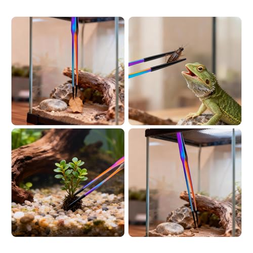 2PCS Reptile Feeding Tongs,10.6" Extra Long Stainless Steel Tweezers with Rubber Tips, Bearded Dragon Lizards Aquarium Straight and Curved Tweezers for Snake Feeding, Terrarium, Aquarium(Colorful)