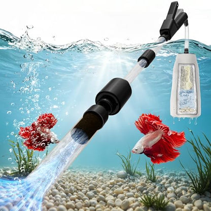 10-100 Gallon Fish Tank Vacuum Gravel Cleaner Electric: Aquarium Vacuum Gravel Cleaner with Adjustable Flow Sock Filter and Water Circulation，DC24V Strong Suction Quiet Pump for Fresh Salt Turtle Tank | One handed sand washing | Internal circulation filtr