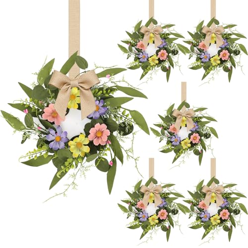 6 Pcs Small Spring Summer Hanging Wreaths for Cabinets with Pink Purple Yellow Daisy Flowers and Eucalyptus Leaves Mini Candle Ring Wreath for Home Kitchen Front Door Window Porch Wall Wedding Decor - color: Spring Flower Wreath