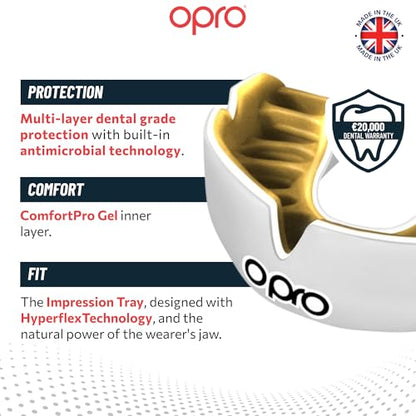 OPRO Instant Custom-Fit Mouthguard – Dentist Level Gum Shield Adult and Kids – OPRO Mouth Guard Boxing and MMA, Self-Fit Gum Shield Rugby – Maximum Protection with Dental Warranty (White/Gold) - color: White/Gold, size: Youth (Under 10)