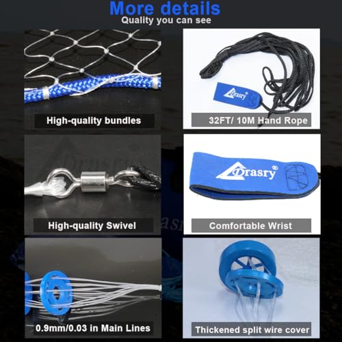 Saltwater American Fishing Cast Net 3/8inch Mesh Size for Bait Shrimp Trap Fish Heavy Duty Sinkers Throw Net 3FT/4FT/5FT/6FT/7FT/8FT/9FT/10FT Radius - color: White B, size: 5FT Radius, style: Mono -Zinc-iron-3/8" Mesh 0.66lb/Ft