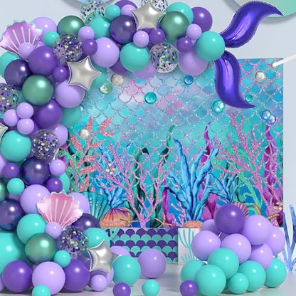 7x5ft Under The Sea Backdrop for Photoshoot Purple Corals Pearls Photography Background Little Mermaid Party Decorations for Girls Photo Shoot Props Cake Table Banner - size: 7x5ft