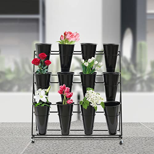 Flower Display Stand with 12 Buckets, 3 Layers Shelf Display Holder for Cut Flowers - style: Round Black