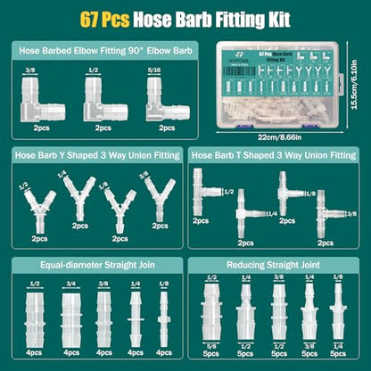 67Pcs Hose Barb Fittings Assortment - 21 Sizes with 90° Elbow, Y/T 3-Way, Equal & Reducing Straight Connectors, Plastic Pipe Repair Kit for Aquarium, Water, Fuel & Air Lines