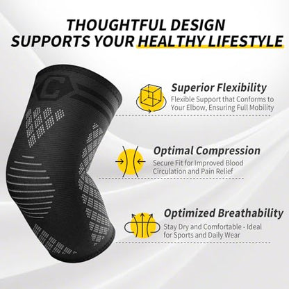 CAMBIVO 2 Elbow Sleeves and 1 Tennis Elbow Strap Set for Tendonitis Relief - color: Black(2Pcs Elbow Sleeve+1Pcs Elbow Strap), size: Medium