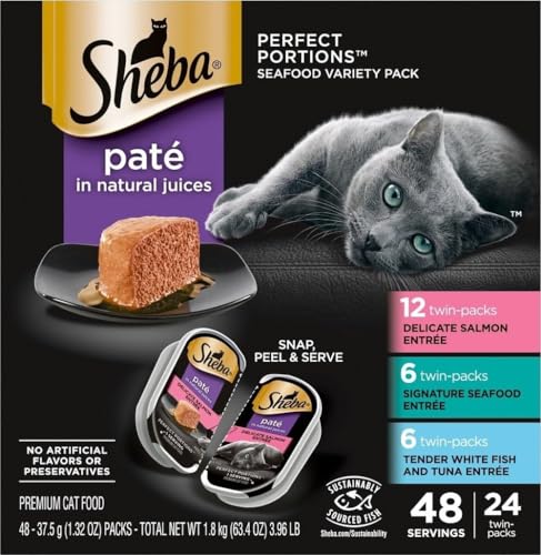 Sheba Perfect Portions Wet Cat Food Pate with Sustainable Salmon, Signature Seafood Entree, and Tender White Fish and Tuna Entree Variety Pack, 2.6 oz. Twin Pack Trays (24 Count, 48 Servings)