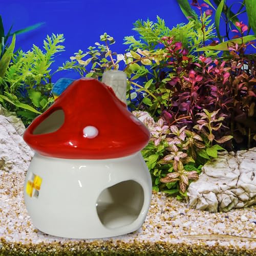 AnRui Aquarium Decoration Ceramic Fish Tank Hideout Cave Cute Mushroom Aquarium Décor Thematic Ornaments for Cichlid, Small Fish, Shrimp to Play Hide Breed Habitat, Red