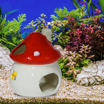 AnRui Aquarium Decoration Ceramic Fish Tank Hideout Cave Cute Mushroom Aquarium Décor Thematic Ornaments for Cichlid, Small Fish, Shrimp to Play Hide Breed Habitat, Red