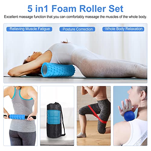 Aucuu 5 in 1 Foam Roller Set Includes Hollow Core Massage Roller, Yoga Stick, Massage Ball, Fitness Stretching Strap, Massage Roller, Carrying Bag, Towel (Blue) - color: Blue