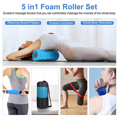 Aucuu 5 in 1 Foam Roller Set Includes Hollow Core Massage Roller, Yoga Stick, Massage Ball, Fitness Stretching Strap, Massage Roller, Carrying Bag, Towel (Blue) - color: Blue