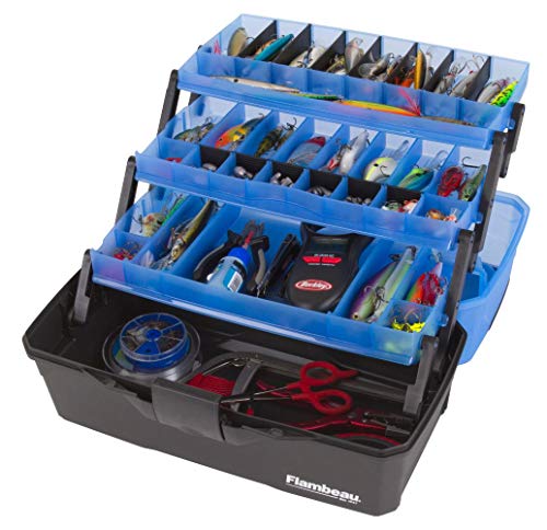 Flambeau Outdoors 6383FB 3-Tray Tackle Box - Classic Fishing Lure Storage Organizer, Large Portable Tackle Box, 32 Tray Compartments, Frost Blue/Black