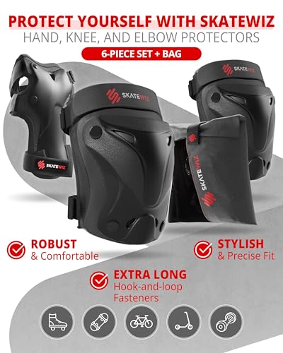 SKATEWIZ Kids and Adult Knee Pads and Elbow Pads Set 6pcs - incl. Carry Bag - color: Black, size: M - Teenager Slim