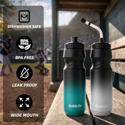 BuildLife Hockey Water Bottle, 32 OZ, 2 Pack, Black Blue+Black White - color: Black Blue+Black White