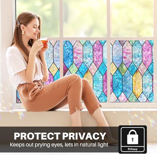 Window Privacy Film, Rainbow Decorative Stained Glass Window Film, Static Cling Lattice Glass Covering, Window Tint Sticker for Home Decor & UV Heat Blocking, 17.3 x 78.7 Inches