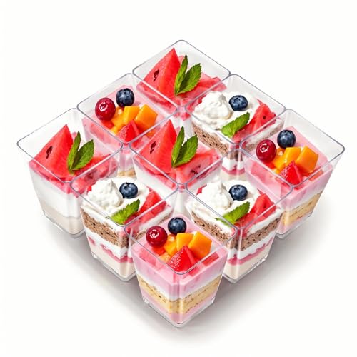 50 Pack Dessert Cups with Spoons, 5oz Plastic Yogurt Parfait Cups, Mini Square Dessert Cups with Spoons, Transparent Dessert Shooter Cups for Pudding, Mousse, Fruit, Dessert and Ice Cream